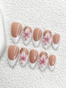 10Pcs/Set Pure White And Simple Girl Handmade Acrylic Nail Tips With French Designs,3D Pink Gradient Glamorous Floral Elements Manicure, Includes Nail Tools,3 Sizes Available,Almond Nails , Duck Nails,Coffin Nails For Party, Dance, Daily Wear. - Multicolor - View 4