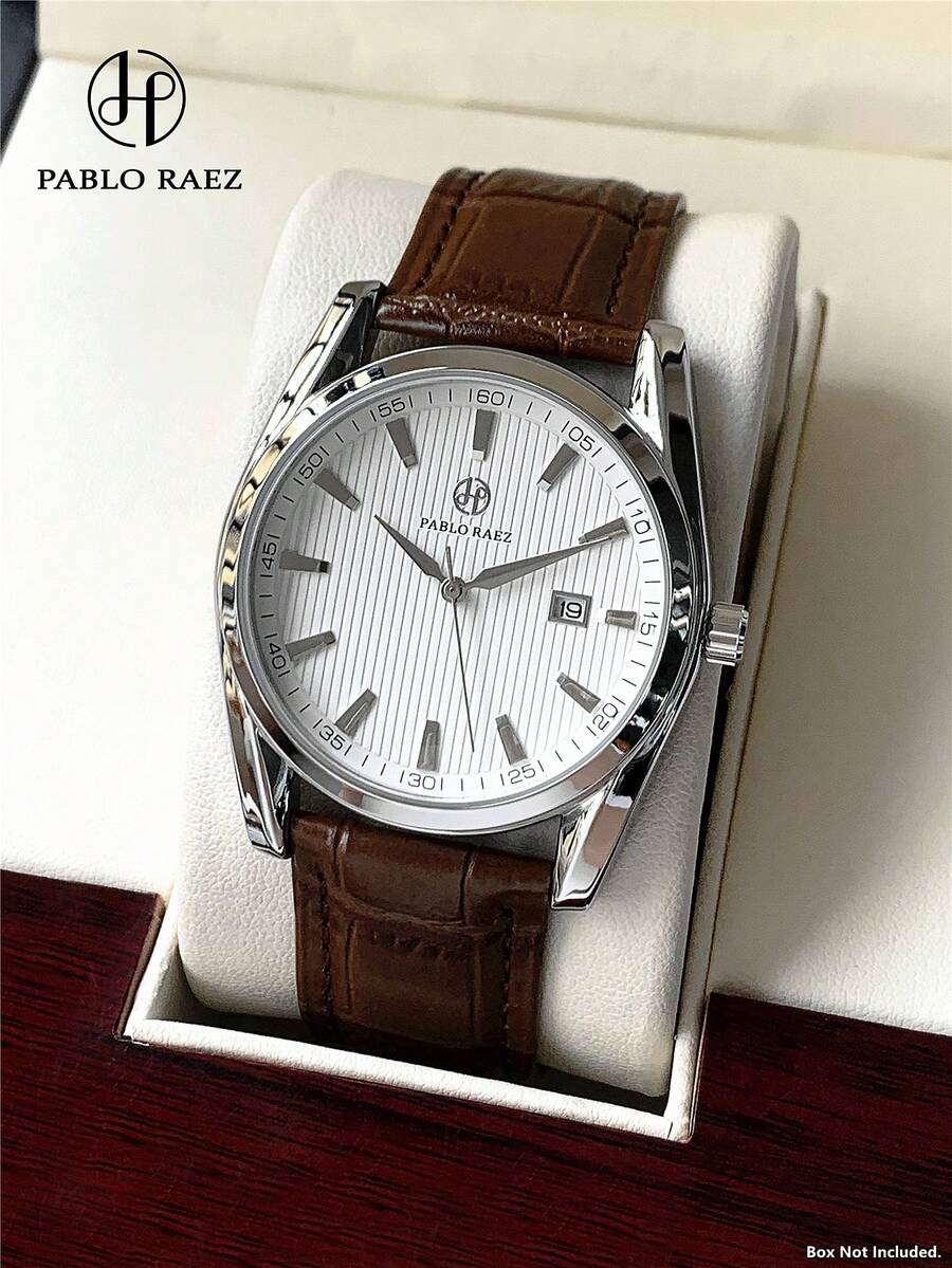Pablo Raez 1pc Simple Watch Business Fashion Men's Watch Stainless Steel Case Soft Comfortable Microfiber PU Leather Bracelet Chain Silver Color Luxury Metallic Unique Design Date Calendar Display Genuine Strap Top New 50M Waterproof Men's Quartz Watch Sports Clock Ticking Hand Gift For Friends Or Family Suitable For Daily Life/Work/Party Decoration Dress Watch Birthday Gift Graduation Wedding Gift