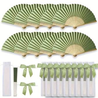 6/24件套定制婚礼扇套装 - 可刻字/日期，优雅绿色折扇，适用于婚礼、洗礼、情人节等场合 - 复古家居装饰礼品、婚礼装饰、经典设计、耐用竹制、精湛工艺、节日礼品
