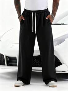 Men's Drawstring Waist Loose Wide Leg Casual Sweatpants, Autumn/Winter - Black - View 6