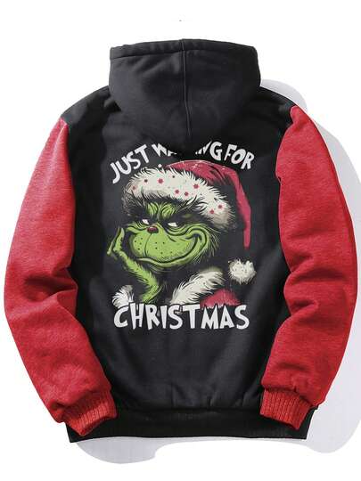 Just Wait For Christmas Graphic Color Block Long Sleeve Hoodie, Men's Fleece-Lined Jacket Hoodie, Casual Coat, Black & Red Colorblock Warm Fleece-Lined Zip-Up Hoodie For Winter