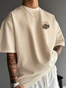 男士字母与汽车印花圆领短袖休闲 T 恤，夏季 - 杏色 - 查看 2