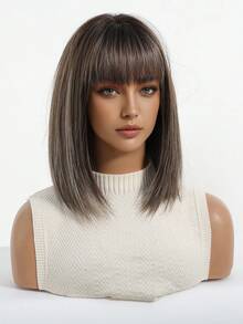 12 Inch Ombre Brown Wig Short With Bangs Natural Looking Synthetic Wigs For Women Daily Wear Girl Wig Gift - Brown Ombre - View 4