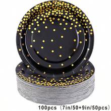 7-Inch/9-Inch Disposable Gold Foil Polka Dot Black Paper Plates, Leak-Proof Thickened Paper Plates | 3-Second Cleanup | Party Disposable | Camping & Household Stocking | Cake Plates, Birthday Party, Holiday Events, Graduation, Thanksgiving, Christmas Tableware - Black Combination With Gold Foil Polka Dots - View 9
