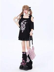 [Jundakara] Camisetas para Mujeres Sin Hombros Estampado de Mariposa Lindo Soñador Estilo Harajuku Estilo Coreano Estilo Preppy Estilo Landmine Estilo Sick Estilo Subcultura Estilo Genial Estudiante Sexy Moda Hogar Lindo Hombro Abierto Primavera Verano Otoño - Negro - Ver 3