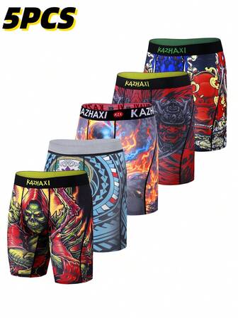 5pcs Men's Long Digital Printed Underwear, Skull Series 3D Printing Unique Pattern, Extended Leg Design Suitable For Sports & Fitness, Comfortable & Versatile Men's Boxer Briefs