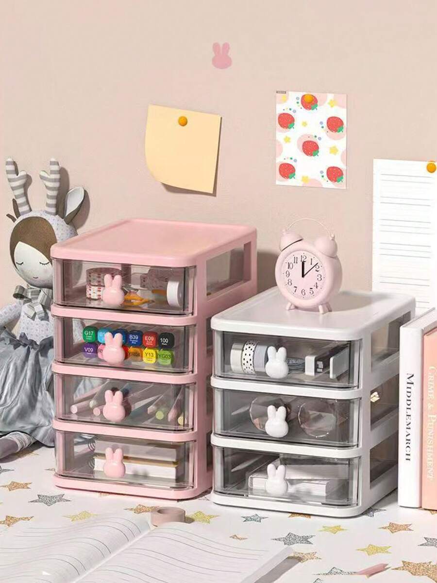1 Stück Kaninchen-förmige Aufbewahrungsbox für den Schreibtisch, transparente Schubladenausführung, ideal für Schule, Studentenwohnheim, Make-up Aufbewahrung, Cartoon Schreibtisch Organizer, Mini Schubladenausführung Schreibtisch Kunststoff Aufbewahrungsbox, Kaninchen Stiftehalter - Verschiedenfarbig - Übersicht 1