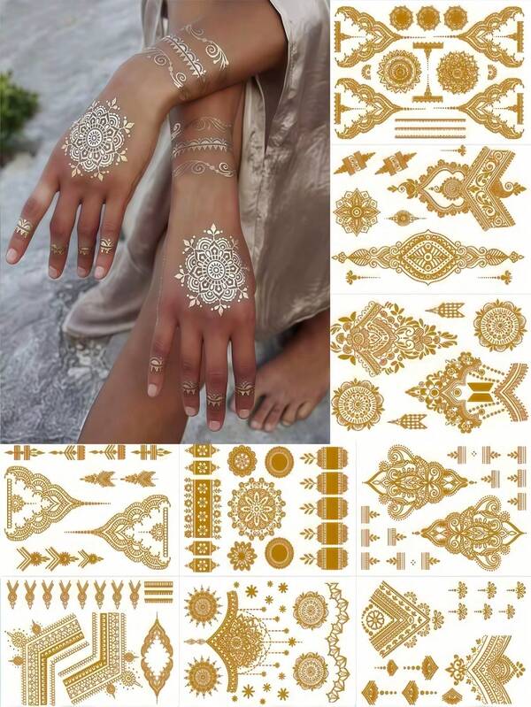 9pcs Gold Henna Temporary Tattoo Stickers, Glitter Henna Tattoos, Hand Tattoos, Adult Women Gold Metallic Tattoos, Gold Mandala Flower Fake Tattoo Set, Suitable For Wedding, Party, Holiday, Valentine's Day
