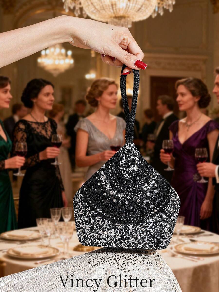 镶钻装饰不规则形状手拿包，优雅派对活动女士手提包 - 黑色 - 查看 1