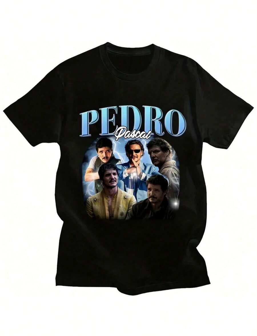 180g Pure Cotton Movie TV Actor Pedro Pascal Harajuku T Shirts Hip Hop Vintage Fashion Tee Shirt Men Women Casual Loose - 黑色 - 查看 1