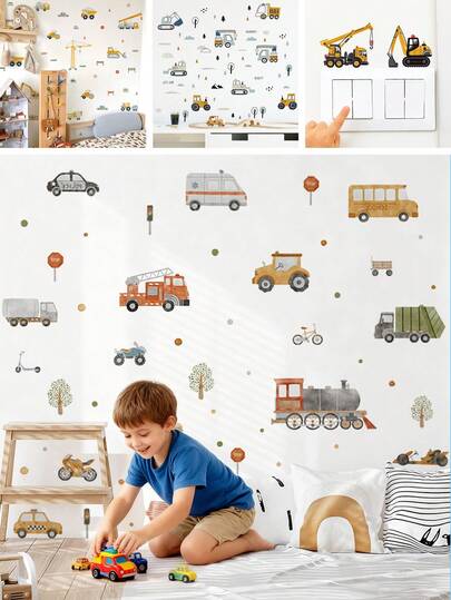 BRUP 2/3/4 Sheet/Set Transportation Theme Wall Stickers With Cartoon Vehicle Designs, Removable Peel And Stick Decals For Kids Room Nursery Decor, Educational Toy Vehicle Art