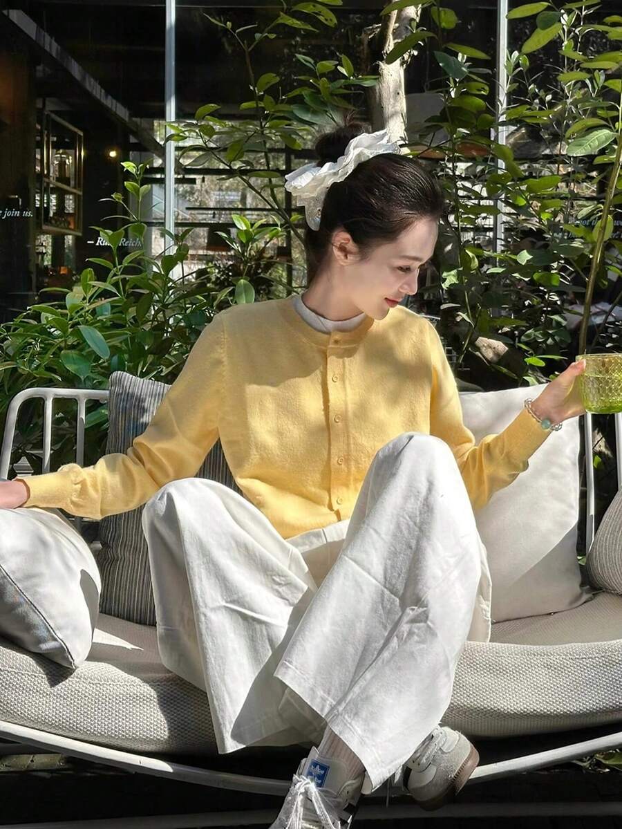 [Y6Y] Women's Yellow & White Contrast Color Knit Cardigan, Long Sleeve ...