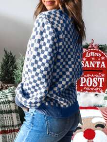 Acelitt Áo len nữ cổ đứng dáng rộng, phối màu nâu caro, có gân, họa tiết bàn cờ, thích hợp cho mùa đông. - Màu xanh lam - Xem 2