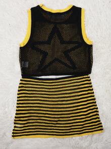 Apperloth A New Spring And Summer Casual Street Round Neck Sleeveless Truncated Star Pattern With Yellow Edge Black Sweater + Yellow And Black Striped Mini Hip Skirt Women's Sweater Two Pieces Set-A