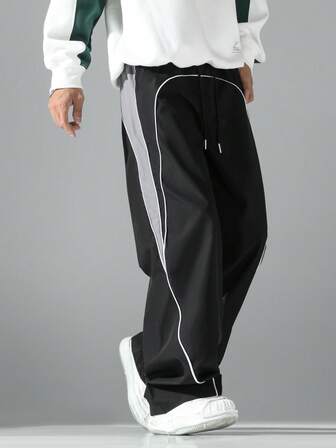Men's Fashionable Sporty Contrast Color Casual Loose Drawstring Waist Pants
