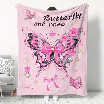 1pc Soft & Cozy Flannel Blanket With Pink Background Butterfly & Rose Pattern, Printed Patchwork Design, Warm & Versatile For All Seasons, Suitable For Sofa, Bed, Travel And Camping
