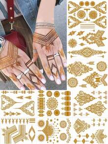 9 pièces Autocollants de tatouage temporaire au henné doré, tatouages au henné pailleté, tatouages pour les mains, tatouages métalliques dorés pour adultes femmes, ensemble de faux tatouages de fleurs mandala dorées, convient pour mariage, fête, vacances, Saint-Valentin - Doré - Voir 7