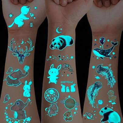 12 Sheets Blue Luminous Animals Tattoo Stickers With Cute Cartoon Pandas Deer Jellyfish Ducks Elephants Rabbits Butterfly Goldfish Patterns, Decoration For Nightclub Music Festival Parties, Goodie Bags Fillers, Stocking Stuffer