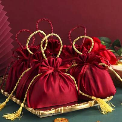 5 pezzi/set, Sacchetto regalo in raso rosso con nappe, un sacchetto da regalo di lusso per matrimoni e feste di compleanno, molto adatto per dare regali e per l'immagazzinaggio, nonché per la decorazione di matrimoni
