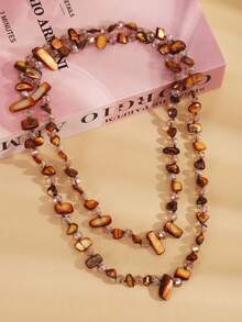 1pc Fashionable Geometric Beaded Necklace, Elegant Retro Bohemian Natural Style Imitation Shell Beaded Multi-Color Long Necklace, Colorful Shell & Glass Multi-Layer Necklace, Women's Long Sweater Chain, Cross-Border Creative European And American Style Suitable For Women's Daily Wear, Parties, Holidays, Vacations, Daily Gifts, Jewelry Gifts