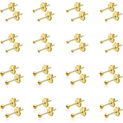 TendenciaJuego de 15 pares de aretes de bola de acero quirúrgico para mujeres y hombres, de 2 a 6 mm, plata y oro, hipoalergénicos, acero Stianless 316L, Pequeño, Acero inoxidable, Sin gemas.Calidad premium