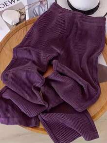 Women's Fashion Knit Straight Pants, Slightly Stretchy With Convenient Pockets - Purple - View 4