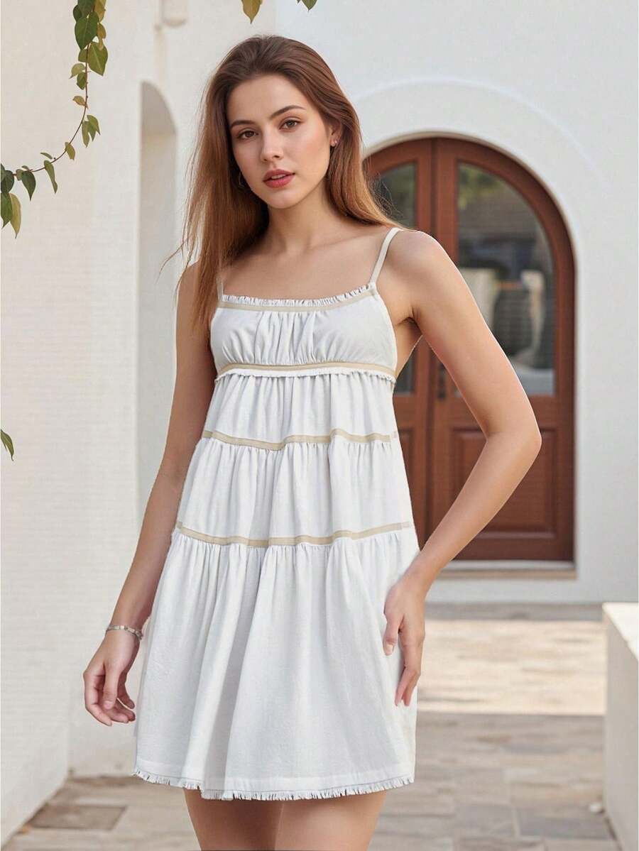Women Causal Cami Dress Loose Scoop Neck Sleeveless Open Back Tie Short Tiered Ruffle Dress Summer Streetwear - trắng - Xem 1