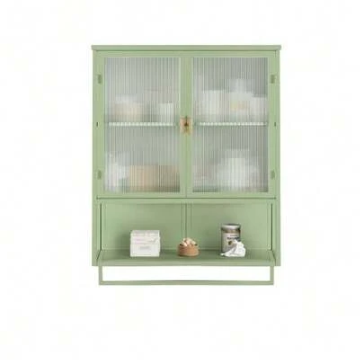 Modern Wall-Mounted Cabinet With Two Glass Doors, 60 Cm Wide, Featuring Two Levels Of Closed Storage, An Open Shelf, And A Towel Rail. Ideal For The Entryway, Living Room, Bathroom, Or Dining Room. Colour: Green.