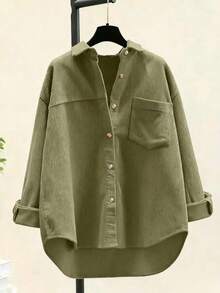 Áo sơ mi nhung kẻ nữ - Màu xanh bạc hà, cổ bẻ, tay dài, 100% polyester, có thể giặt máy, kiểu dáng thanh lịch, màu trơn, thích hợp mặc hàng ngày, phù hợp cho mọi mùa xuân. - Cỏ xanh - Xem 1