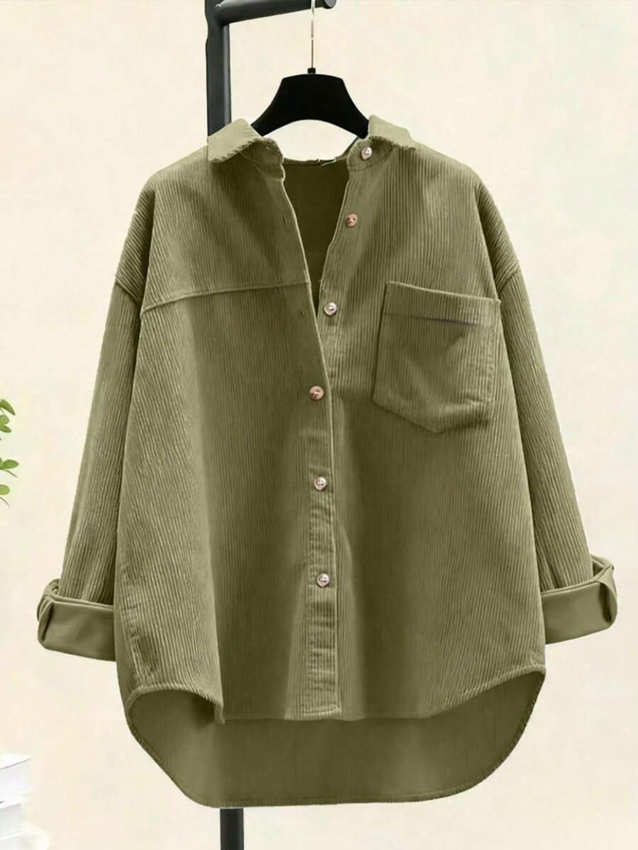 Áo sơ mi nhung kẻ nữ - Màu xanh bạc hà, cổ bẻ, tay dài, 100% polyester, có thể giặt máy, kiểu dáng thanh lịch, màu trơn, thích hợp mặc hàng ngày, phù hợp cho mọi mùa xuân. - Cỏ xanh - Xem 1