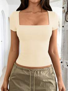 Vaiaye 女士纯色针织方领性感修身 Y2K 圣诞新年感恩节 T 恤休闲夏季款 - 杏色 - 查看 9