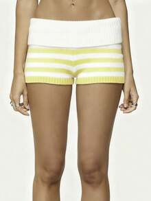 Women Y2K Striped Foldover Knit Shorts Low Waist Slim Fit Knit Mini Shorts Retro Micro Boxer Short Pants Streetwear Summer Clothes - Màu vàng - Xem 3