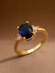 1 chiếc nhẫn đồng đính đá Zirconia hình oval sang trọng, thiết kế hình học tinh tế - Thích hợp cho phụ nữ và bé gái - Vàng + Xanh - Xem 5