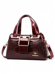 高品质双层大容量手提包，奢华手提包，女士包，设计师鳄鱼纹压花女士波士顿单肩包 - 紅色 - 查看 5