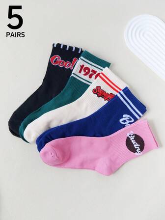 5 pares de calcetines tipo tripulación para mujer, con letras y rayas multicolor, de estilo minimalista y personalizado, suaves y cómodos, que absorben la humedad, adecuados para fiestas y atuendos