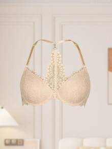 Hersunei 女士前扣蕾丝钢圈文胸 - U型后背设计，塑造背部曲线，提拉胸部，性感舒适，时尚百搭，适合日常及特殊场合 - 米色 - 查看 7