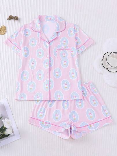 2pcs Spring/Summer Women's Sleepwear Set, Cute Printed Romantic Gift, Comfortable Shirt Collar Short Sleeve Top And Loose Elastic Shorts, Suitable For Parties, Casual Outdoor And Home Wear