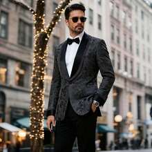 Men's Suit Black Shawl Collar Tuxedo Jacket, Paisley Jacquard Pattern Blazer With Beaded Lapel, Pocket & Cuffs, Wedding Prom Formal Dinner Jacket, Slim Fit Suit Coat - 黑色 - 查看 7