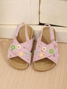 1 Pair Girls Cute Floral Open Toe Beach Sandals, Criss-Cross Strap Flat Casual Slippers For Outdoor Wear - Pink - View 2
