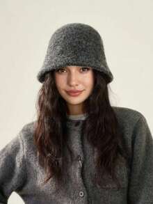 1pc Women's Autumn/Winter New Wool Bucket Hat, Warm & Face-Slimming Fluffy Knitted Bucket Hat, Versatile & Stylish - 漁夫帽 - 查看 6