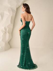 Đầm Astony One mới, gợi cảm, thanh lịch, xẻ tà, đính sequin, kiểu cổ yếm, đầm dạ hội màu xanh lá cây lấp lánh, xẻ tà cao. - màu xanh lá - Xem 3