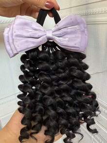 1 pieza Extensión de cabello con cola de caballo de 8 pulgadas [Cola de caballo rizada + Lazo de cinta beige/azul/morado/rosa] Pelucas y extensiones sintéticas de cola de caballo con lazo elástico para niños y mujeres, adecuadas para uso diario, regalos de Navidad, pelucas y accesorios de graduación - Negro natural - Ver 14