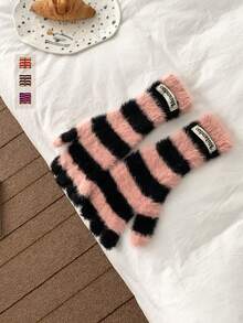 1 Pair Cute Rainbow Striped Faux Fur Knitted Fingerless Gloves For Women, Autumn/Winter, Student, Cycling, Warm, Touchscreen - Striped Faux Rabbit Fur Knitted Gloves - View 4