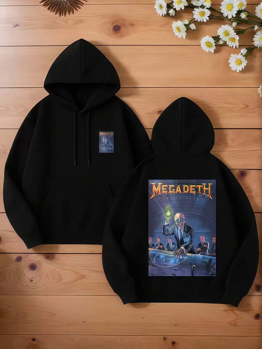 Graphic Hoodie Men, Megadeth Print, Casual Style, Fleece Lined, For Men, For Everyday Wear - màu đen - Xem 1