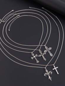 5件套时尚街头风十字架吊坠叠戴项链，适合日常佩戴，欧美流行饰品，简约十字架设计项链，圣诞节、情人节、新年礼物 - 銀色 - 查看 5
