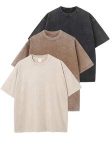 Three-Piece Solid Color T-Shirts Fashion Retro Men's T-Shirts 230g Heavyweight Cotton Dropped Shoulder Design Unisex Short-Sleeve T-Shirts For All Seasons Casual Occasions Gift For Boyfriend 100% Pure Cotton Streetwear Designed For Young People Ideal Gift Between Friends Men's Clothing Men's T-Shirts - 黑色+杏色+咖啡棕 - 查看 13