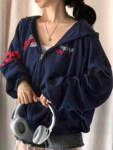 女士印花连帽卫衣，轻薄宽松，卫衣款式，春秋季 - 藏蓝色 - 查看 3