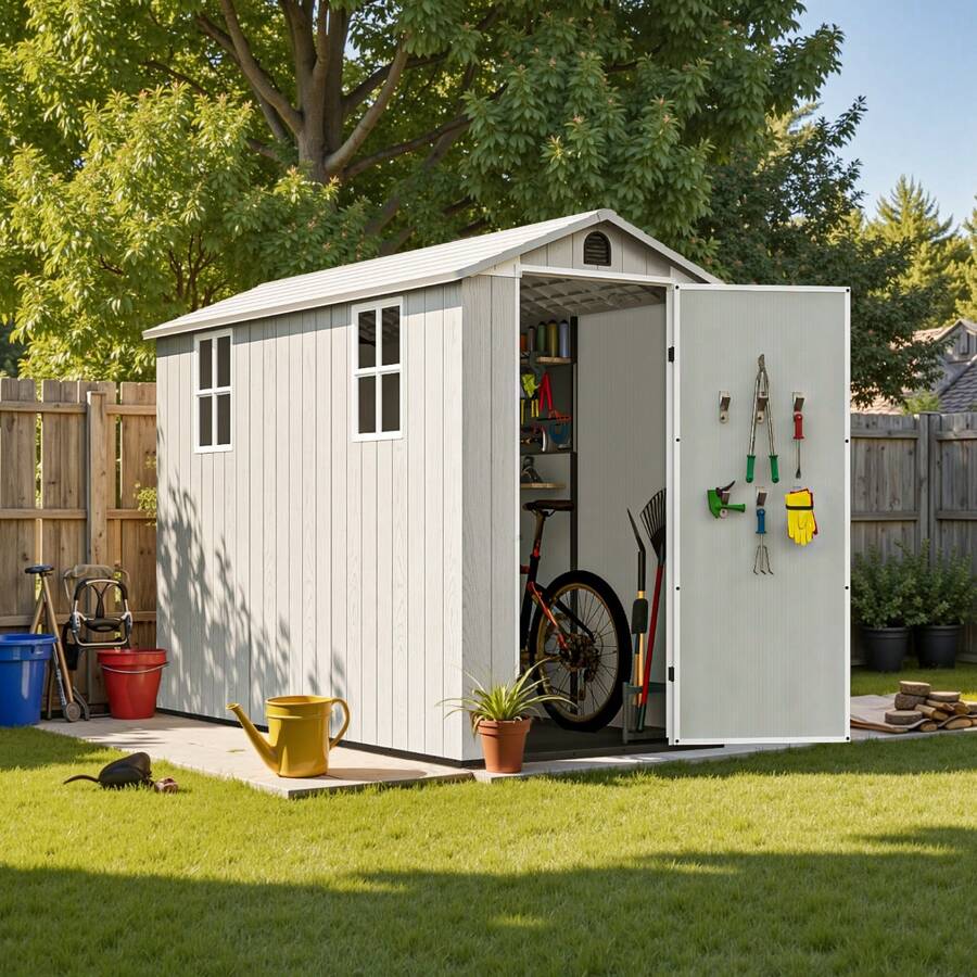 Flamaker 4x8 FT Resin Shed For Outdoor, Garden Tool Storage Shed With Design Of Lockable Doors, Tool Storage For Garden, White - 白色 - 查看 1
