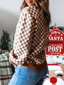 Acelitt 女士棕色棋盘格图案撞色罗纹宽松立领毛衣，冬季 - 棕色 - 查看 2