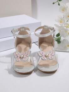 1 par de sandalias de tacón alto de moda para niños 2026, con diseño de mariposa de rhinestone, estilo princesa, sandalias casuales bohemias adecuadas para vacaciones, fiestas y bodas - Plateado - Ver 5